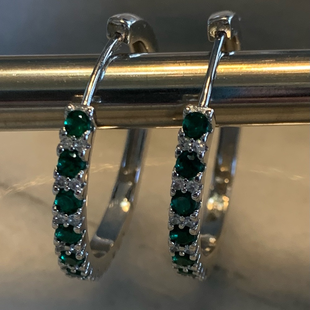 Silver .925 Plated and Green Cubic Zirconia Hoop Earrings - Picture 2 of 6